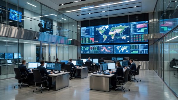 Modern emergency operations center with large digital screens, glass architecture, stainless steel finishes, and professional coordination stations