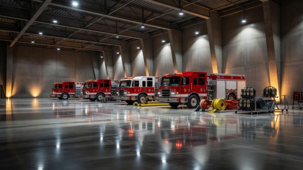 Premium firefighting training facility with modern fire engines, rescue equipment, polished concrete floors, and dramatic architectural lighting