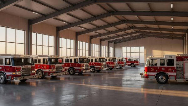 Professional rescue command garage displaying modern fire trucks and emergency vehicles in clean industrial architecture with warm evening lighting